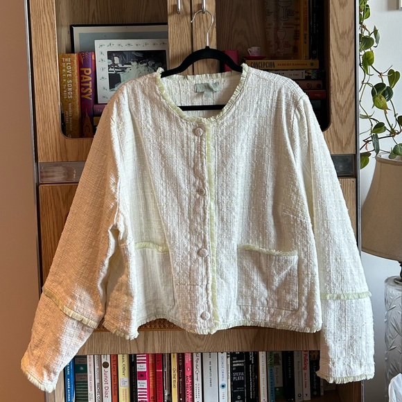 Vintage Textured Button-Front Jacket Cardigan Blazer White Cream Boxy Oversized - Picture 2 of 5